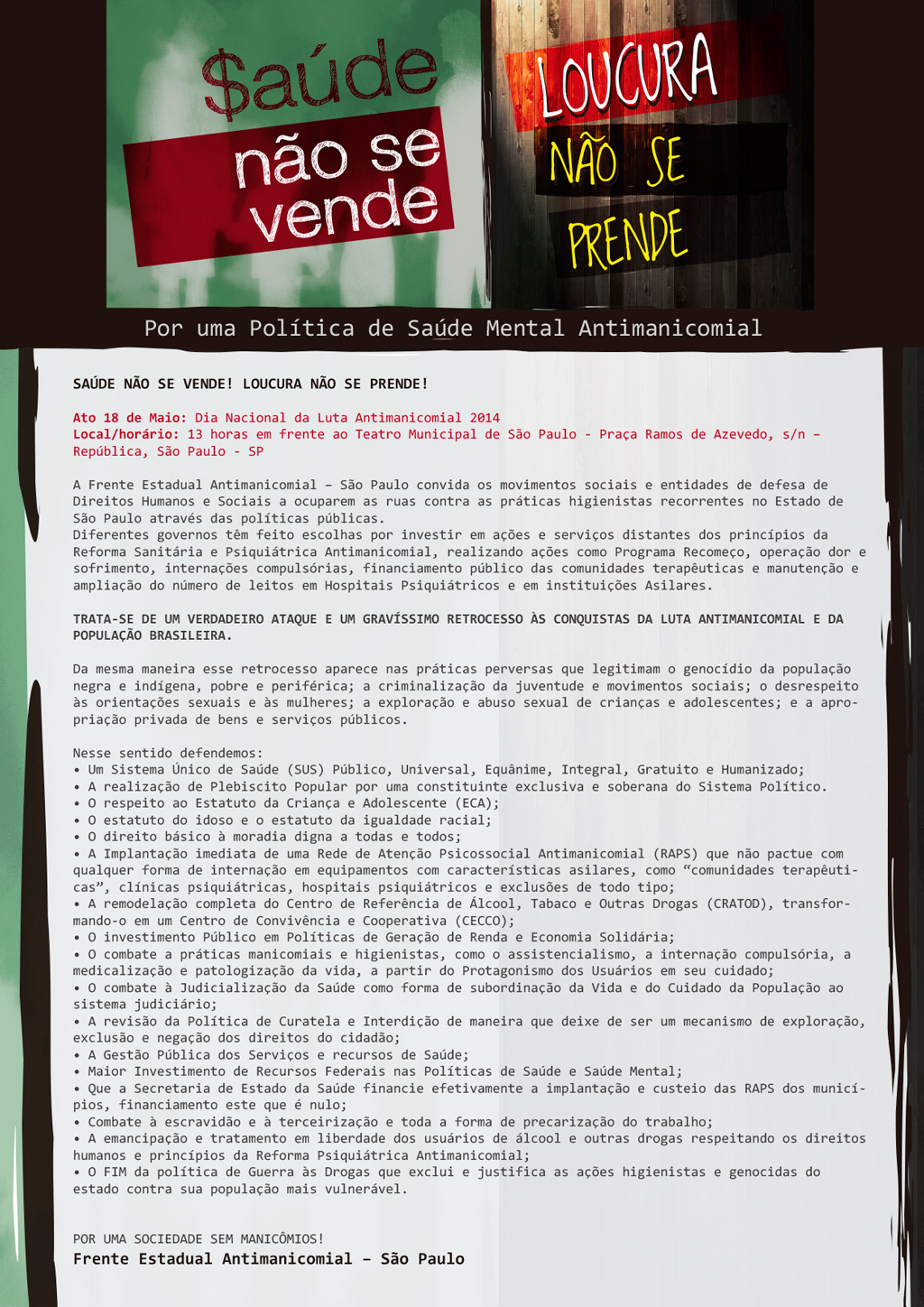 Confira a programação da &#8220;Semana da Luta Antimanicomial 2014&#8221;